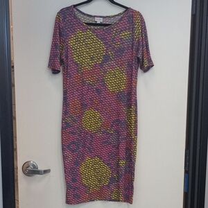 LuLaRoe Pink and Yellow Patterned Midi Dress Size L